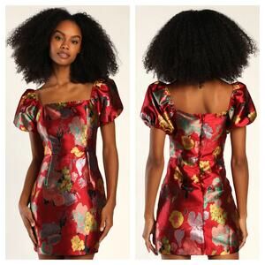Lulus “So Stunning” Red Multi Floral Puff Sleeve Mini Dress • NWT • Small